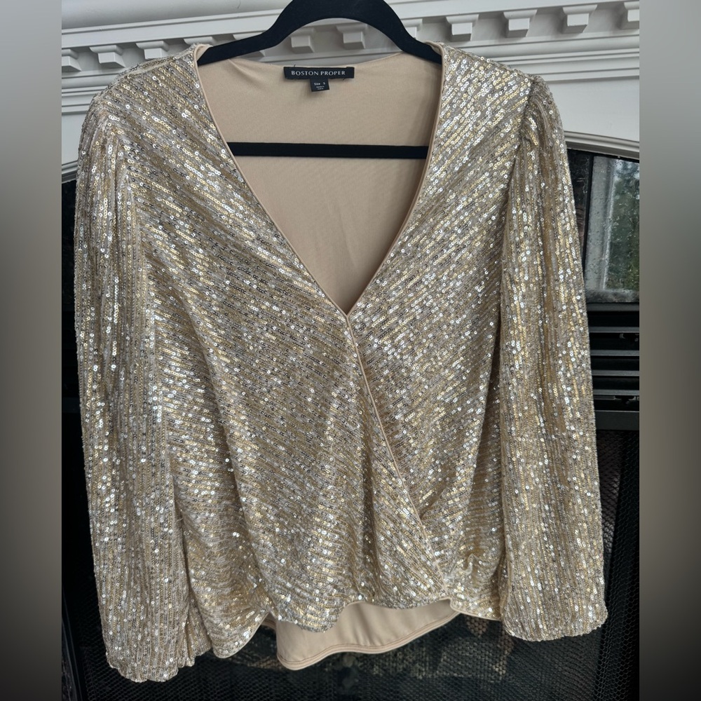 Boston Proper Shimmering Gold Sequin Blouse